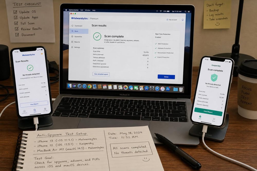 A testing setup showing two iPhones and a MacBook running anti-spyware scans, with detection result reports visible on each screen during hands-on testing.