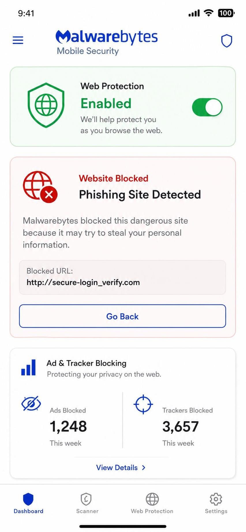 Malwarebytes Mobile Security iOS app showing web protection enabled, a blocked phishing site warning, and ad and tracker blocking statistics.
