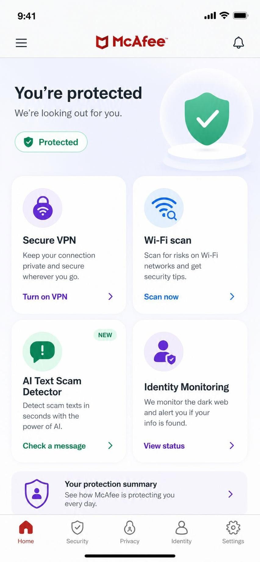 McAfee Mobile Security iOS app screen showing Secure VPN, Wi-Fi scan, AI Text Scam Detector, and identity monitoring tiles on the main dashboard.