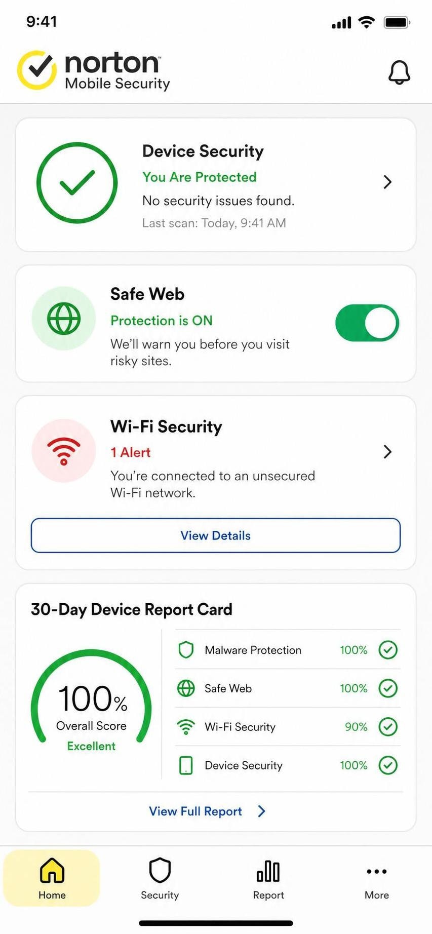 Norton Mobile Security iOS dashboard showing Device Security status, Safe Web protection toggle, Wi-Fi Security alerts, and a 30-day Device Report Card summary.