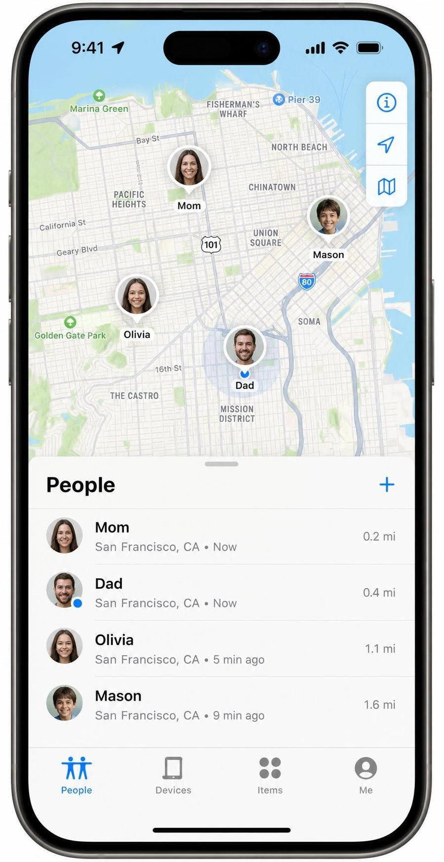 Apple's Find My app open on an iPhone showing family members' locations as labeled pins on a map with a People tab at the bottom.