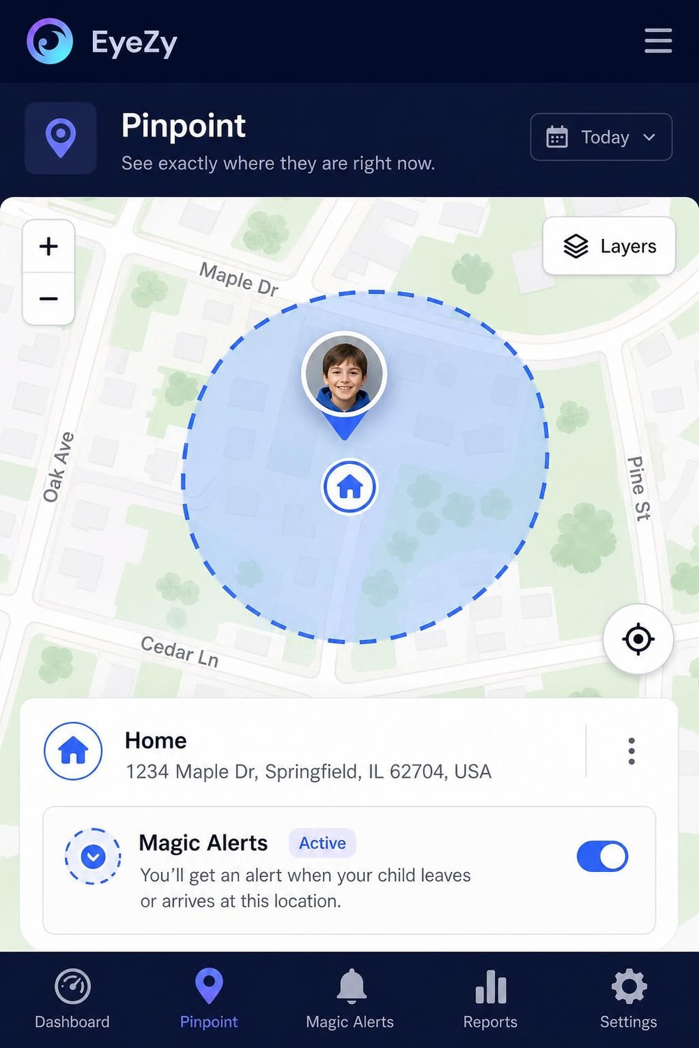 The EyeZy app's Pinpoint feature showing a child's location on a map with a labeled home address and a Magic Alerts geofence ring around it.