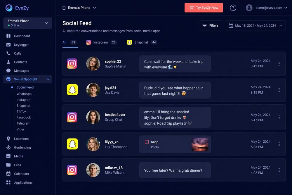 The EyeZy dashboard social feed showing captured chat snippets from Instagram and Snapchat with timestamps and contact names.