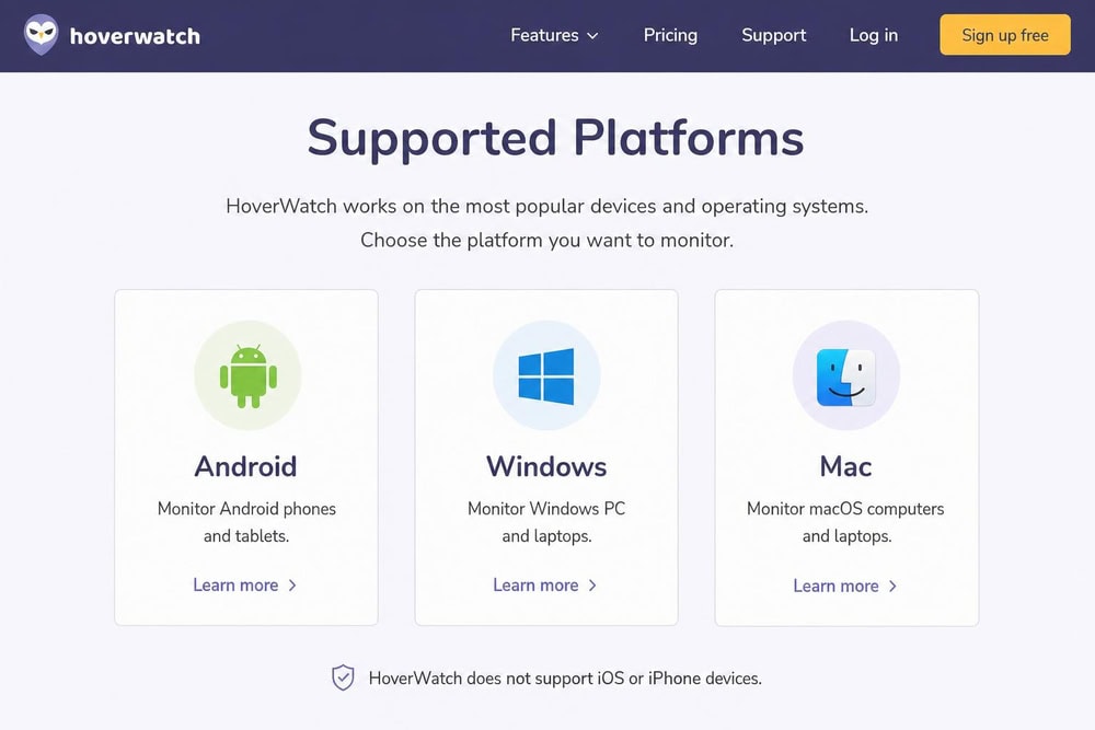 The HoverWatch website showing supported platforms as Android, Windows, and Mac, with no iOS or iPhone option listed.