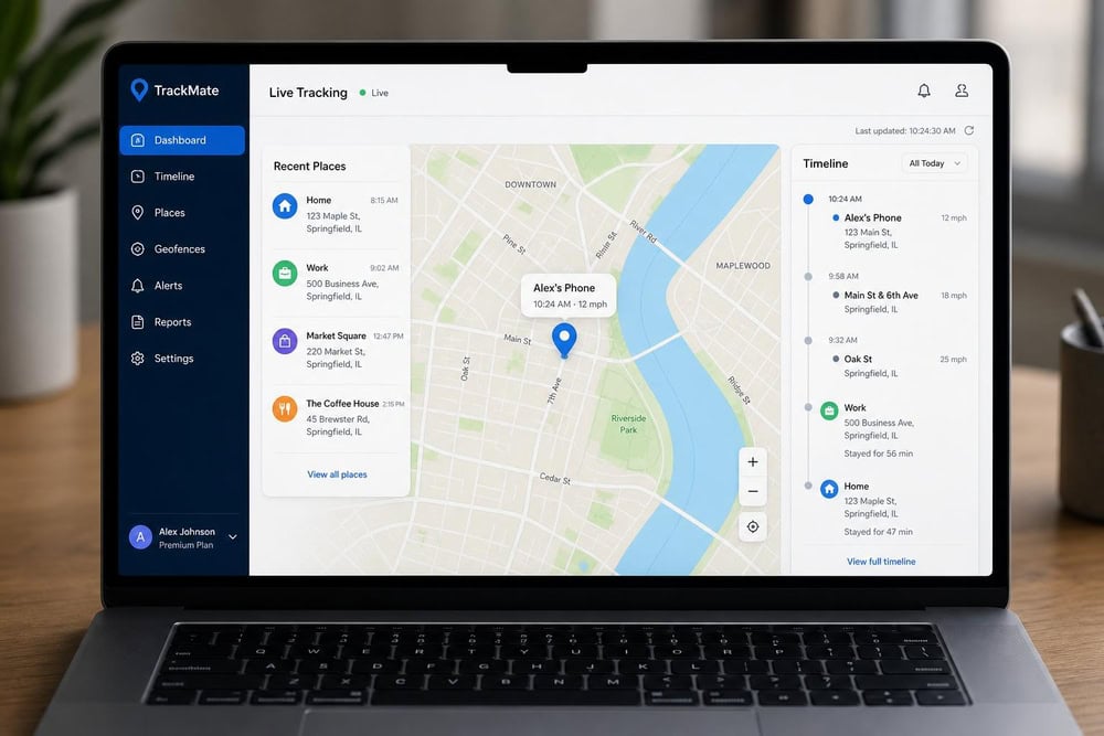 A tracker app's web dashboard open on a laptop showing a live map with a labeled location pin, a sidebar of recent places visited, and a timeline of location updates.