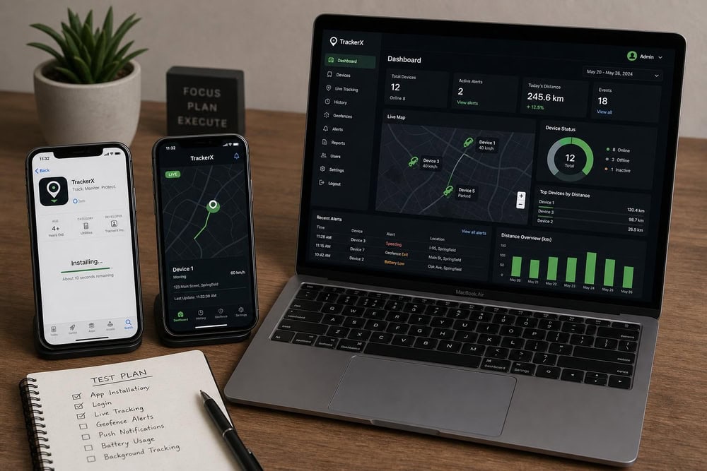 Two iPhones and a MacBook arranged on a wooden desk during a tracker-app test, one phone showing an app installation screen and the laptop showing a monitoring dashboard.