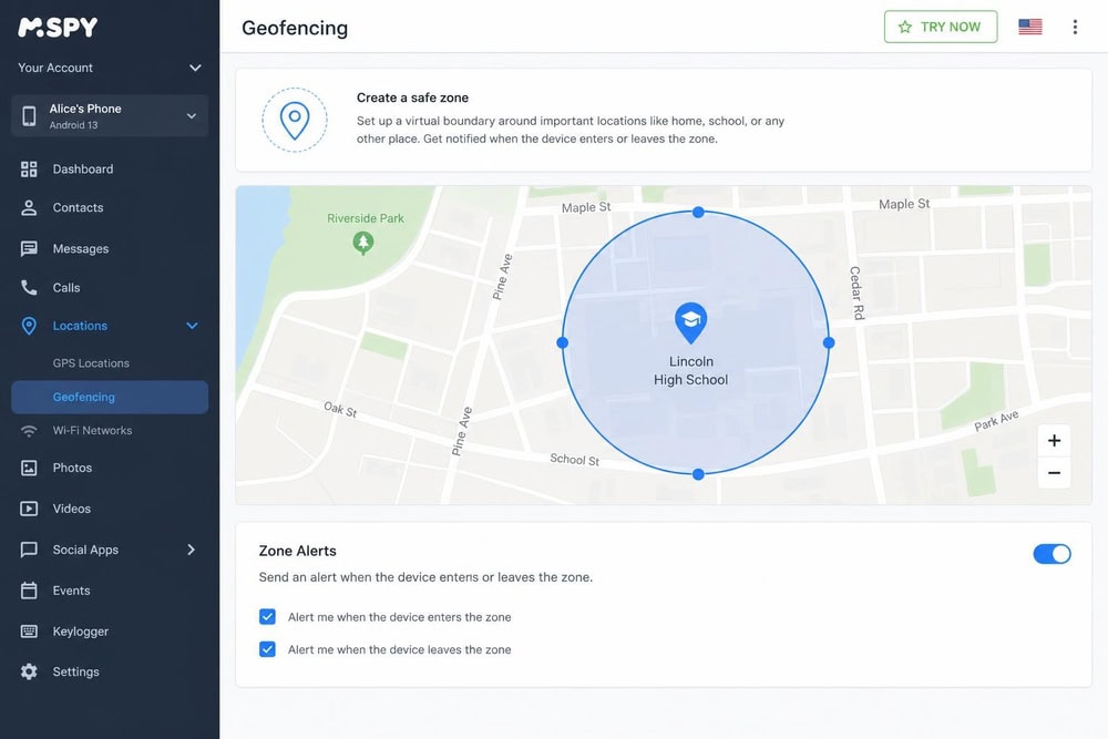 The mSpy geofencing screen with a circular safe-zone drawn around a school on a map and a toggle to send an alert when the device enters or leaves the zone.