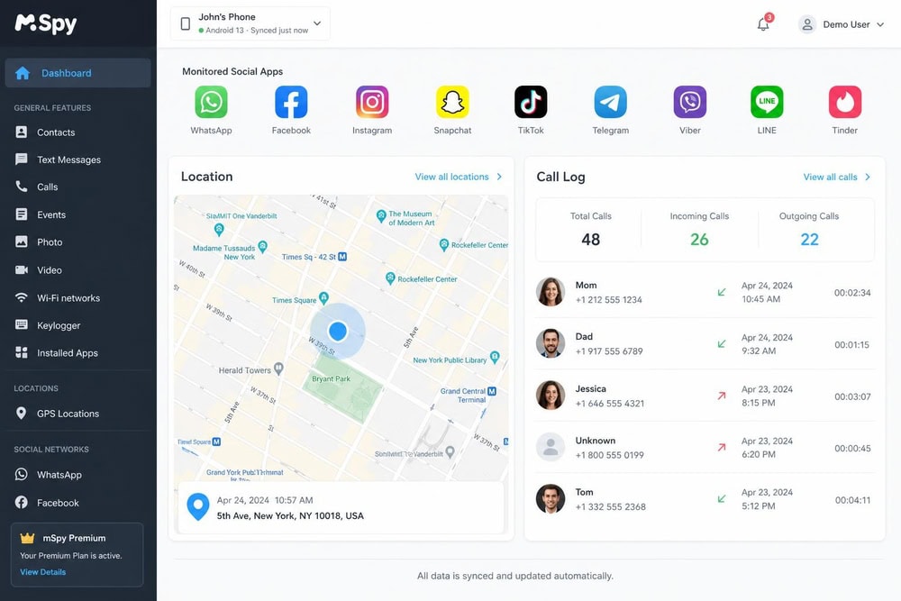 The mSpy control panel showing a location map, a call-log summary, and a row of monitored social-app icons across the top navigation.