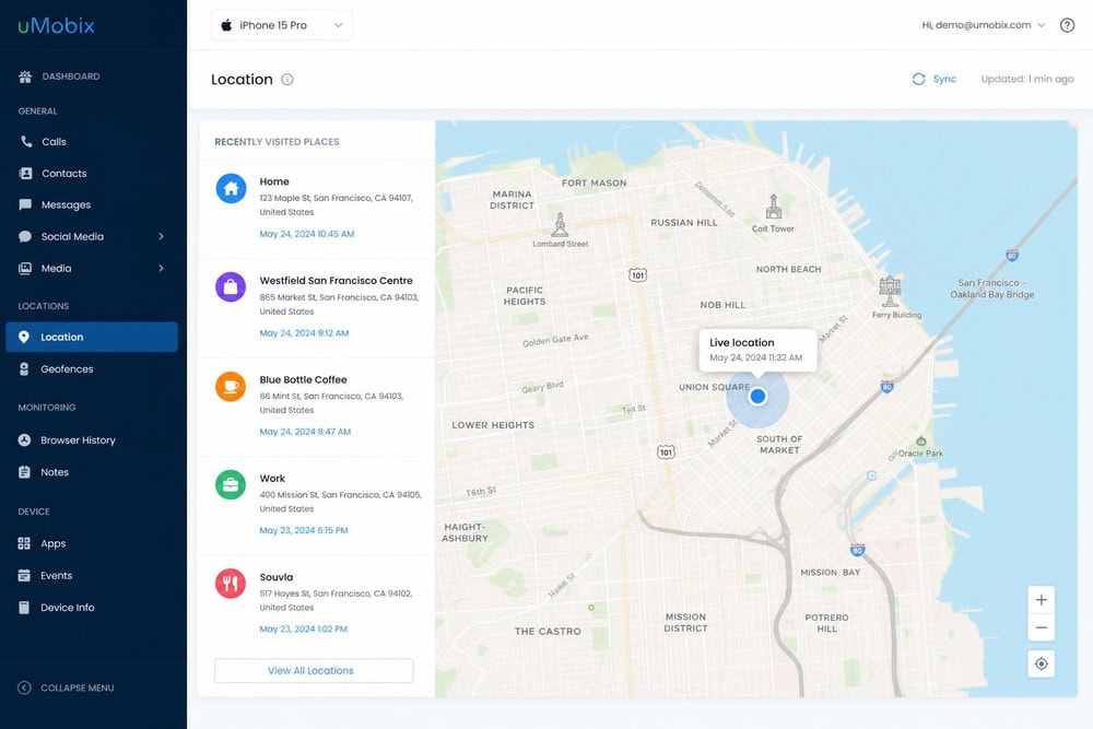 The uMobix web dashboard showing a live iPhone location on a map with a list of recently visited places and timestamps in the left sidebar.