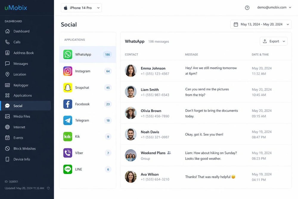 The uMobix dashboard social-media section listing monitored apps such as WhatsApp, Instagram, and Snapchat with captured message previews.