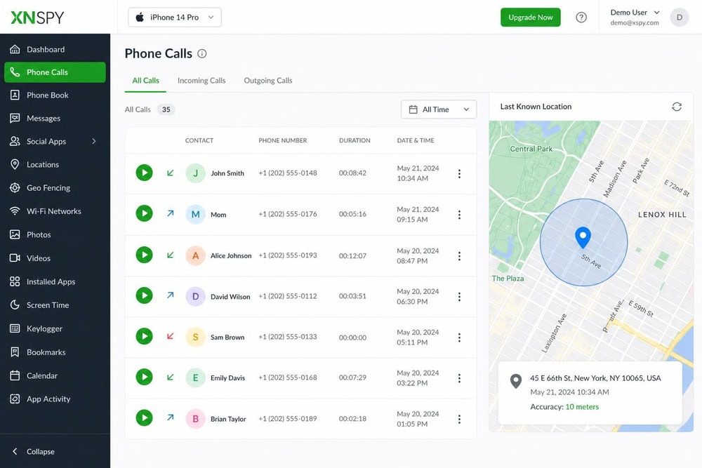 The XNSPY dashboard call section showing a list of recorded calls with play buttons, durations, and contact names alongside a location map.