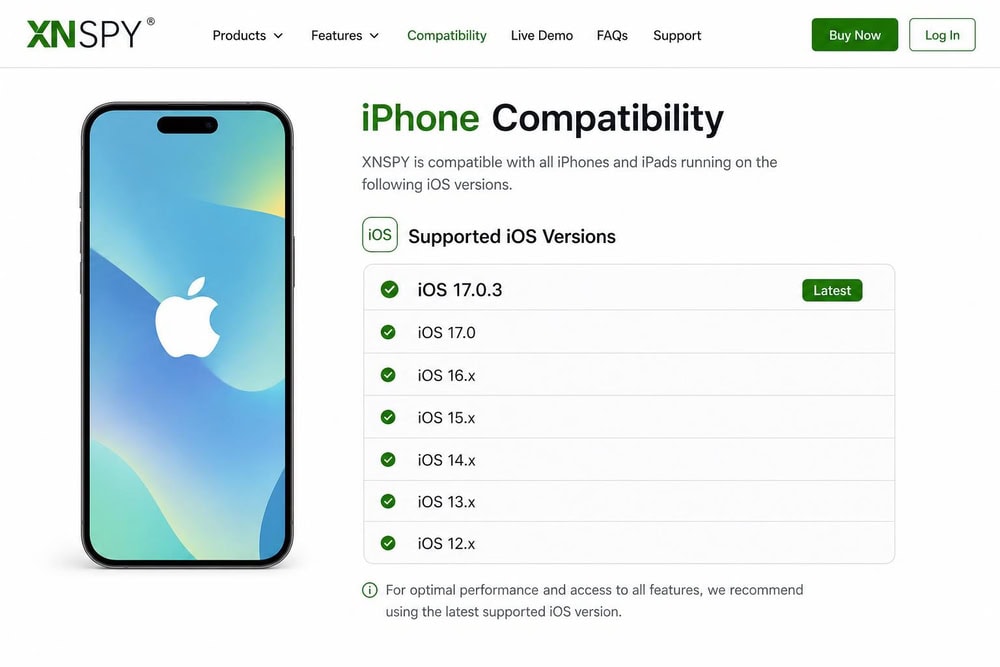 The XNSPY iPhone compatibility section listing supported iOS versions with iOS 17.0.3 shown as the latest labeled version.