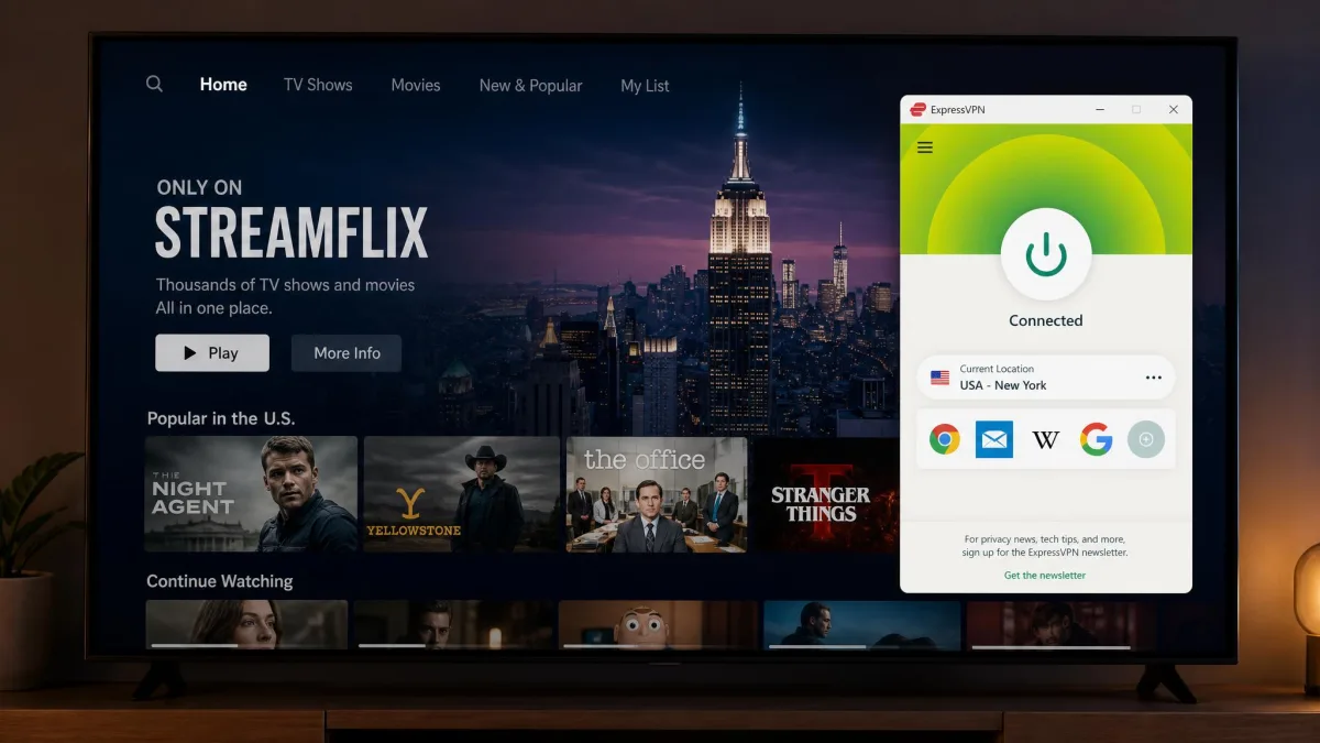 ExpressVPN connected to a US server on a smart TV with a streaming service home screen loading a region-locked library in the background.