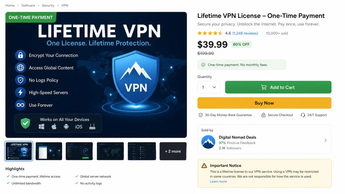 A discount marketplace listing advertising a one-time lifetime VPN license for around $40, the kind of offer that carries hidden long-term risk.