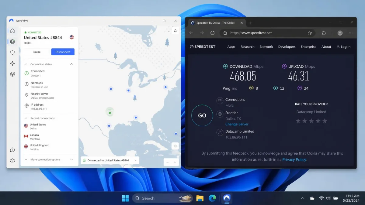 NordVPN's Windows app connected to a nearby NordLynx server with a browser speed-test result beside it showing roughly 468 Mbps download on a 500 Mbps line.