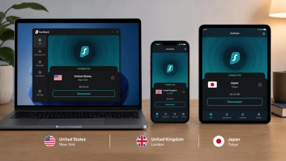 Surfshark connected simultaneously on a laptop, phone, and tablet arranged side by side, each showing an active VPN connection to a different country.