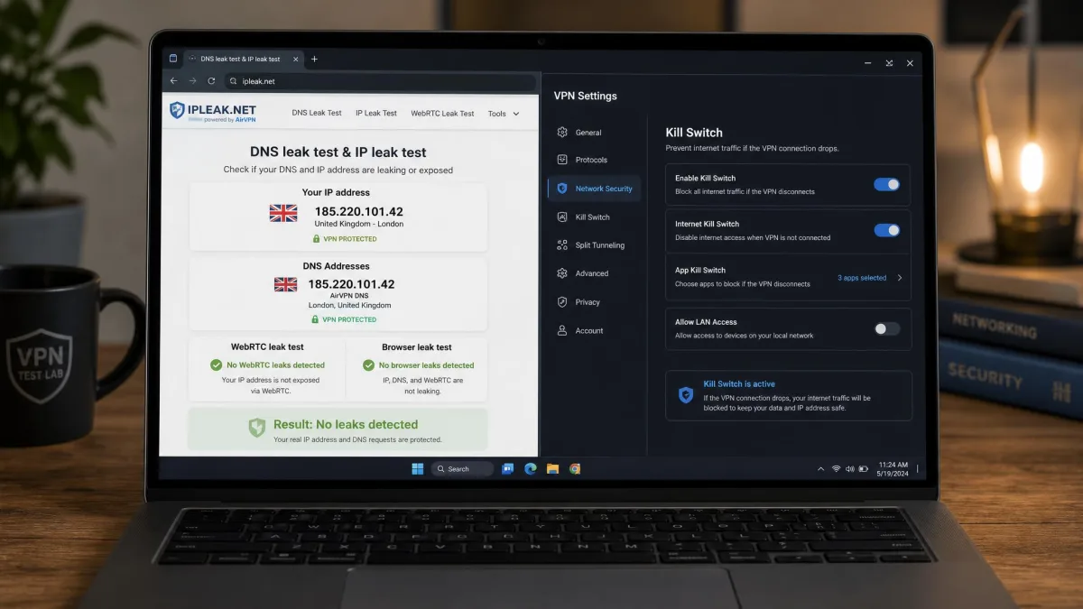 A test laptop running a DNS and IP leak-test website alongside a VPN kill-switch settings panel, part of the checks used to score each VPN.
