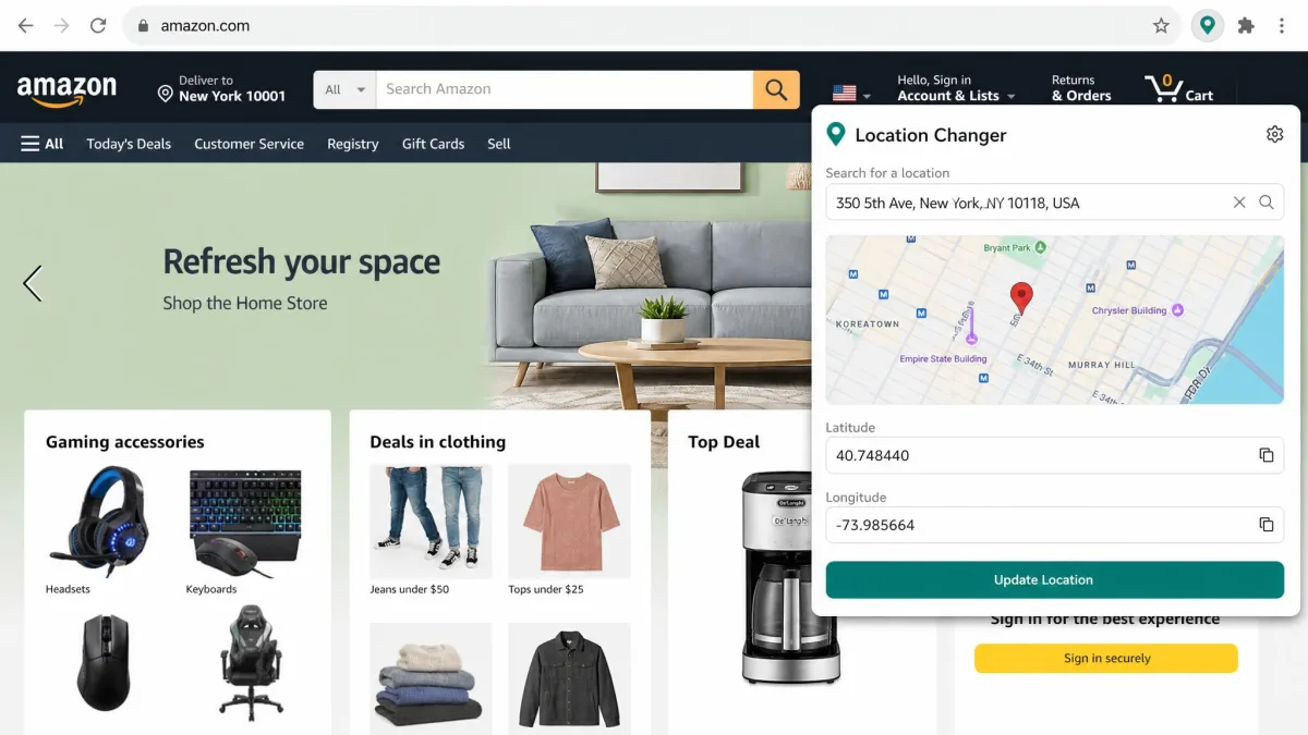 The Location Changer Chrome extension popup open over a e-commerce website, with a small map, an address search box and latitude and longitude fields filled in.
