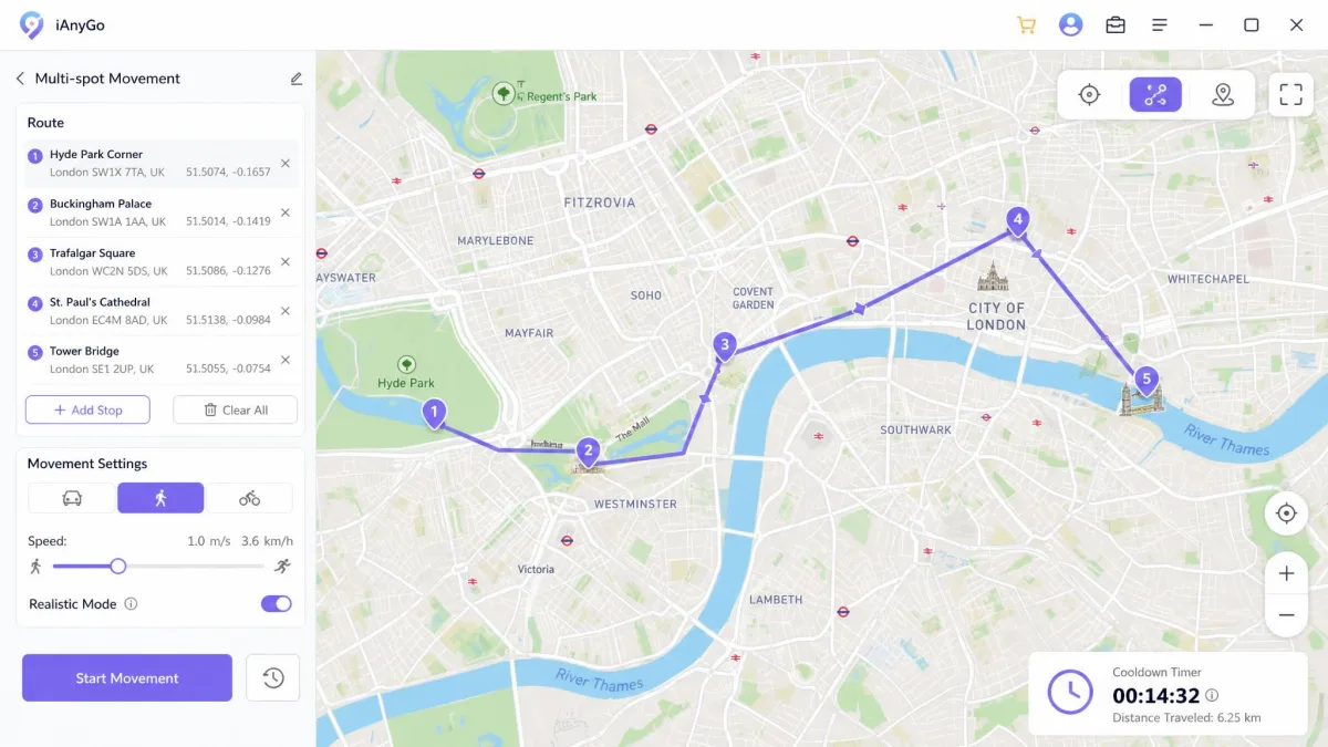 A multi-stop route drawn across a city map inside a PC location changer, with a speed slider set to walking pace and a cooldown timer visible in the corner.