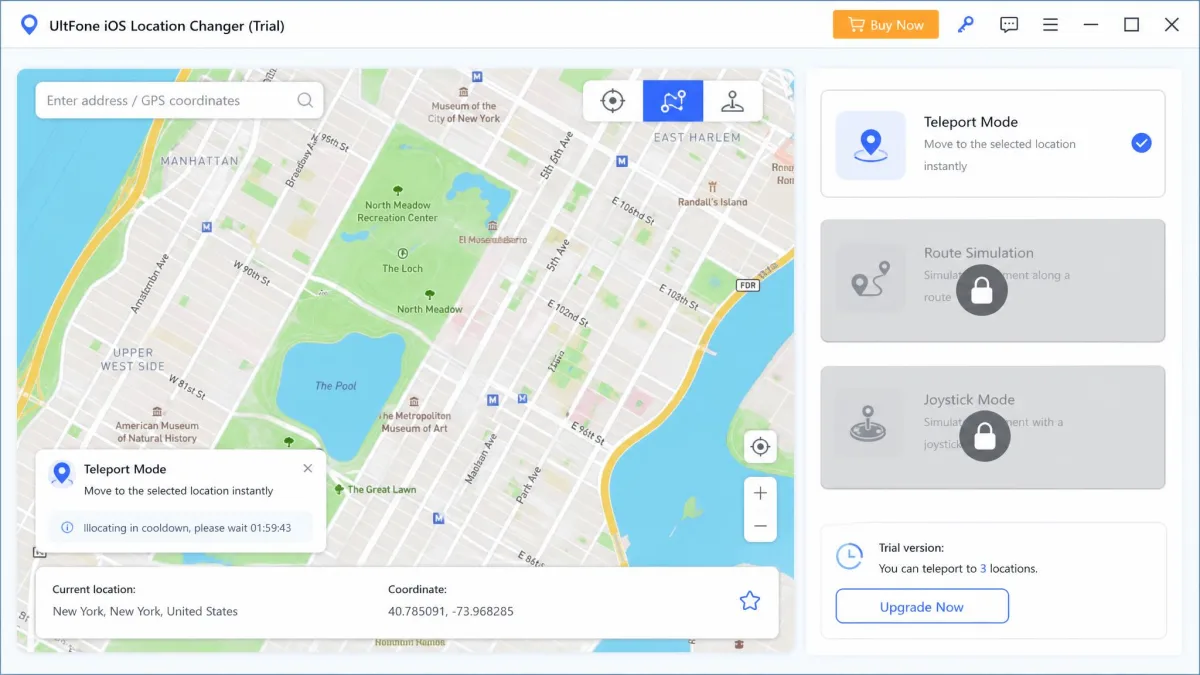A location changer trial screen on Windows with the teleport map available and the route simulation and joystick buttons greyed out behind a padlock icon.