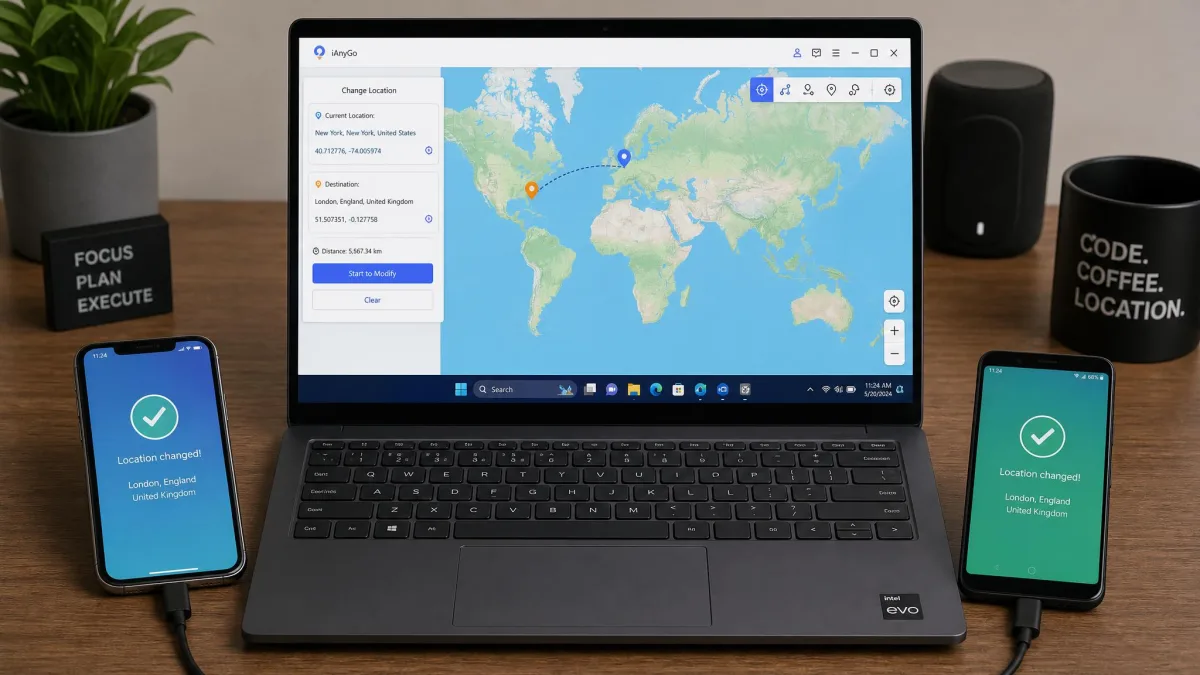 A Windows laptop running a location changer app with a world map on screen, an iPhone and an Android handset connected to it by USB cables on a desk.