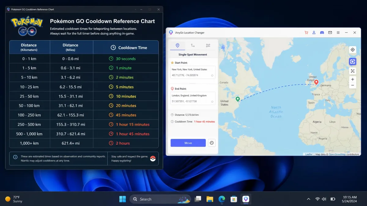 A Pokemon GO cooldown reference chart open on a Windows screen beside a location changer, showing wait times rising from thirty seconds to two hours by distance.