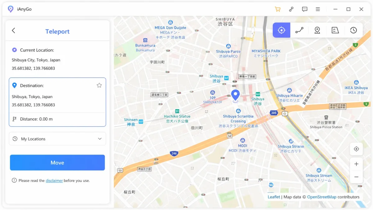 A teleport screen in a Windows location changer with a pin dropped on a Tokyo street, the coordinate box filled in and a blue Move button ready to confirm.