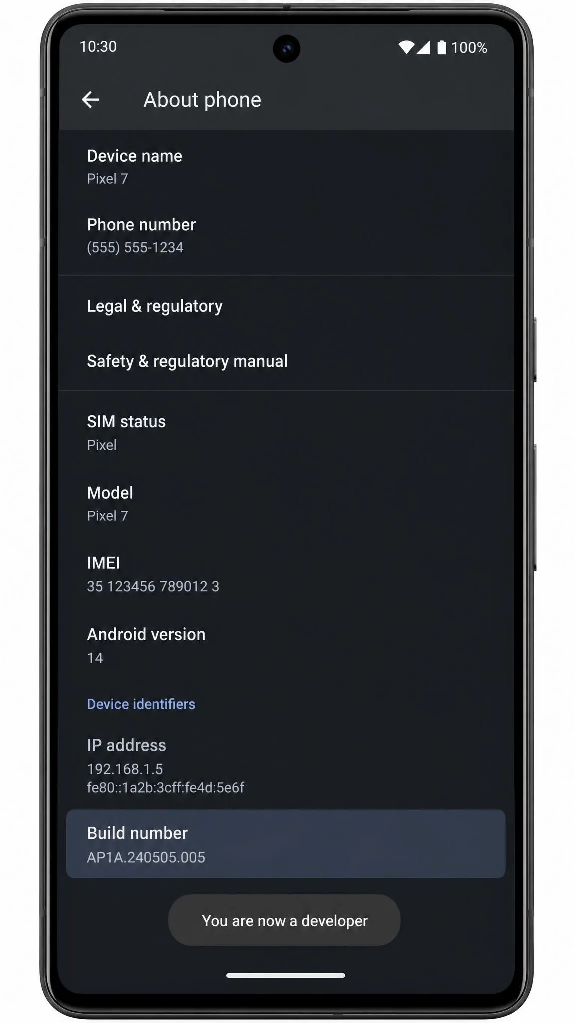 The Android About phone screen with the Build number row highlighted and a toast message reading You are now a developer at the bottom of the display.