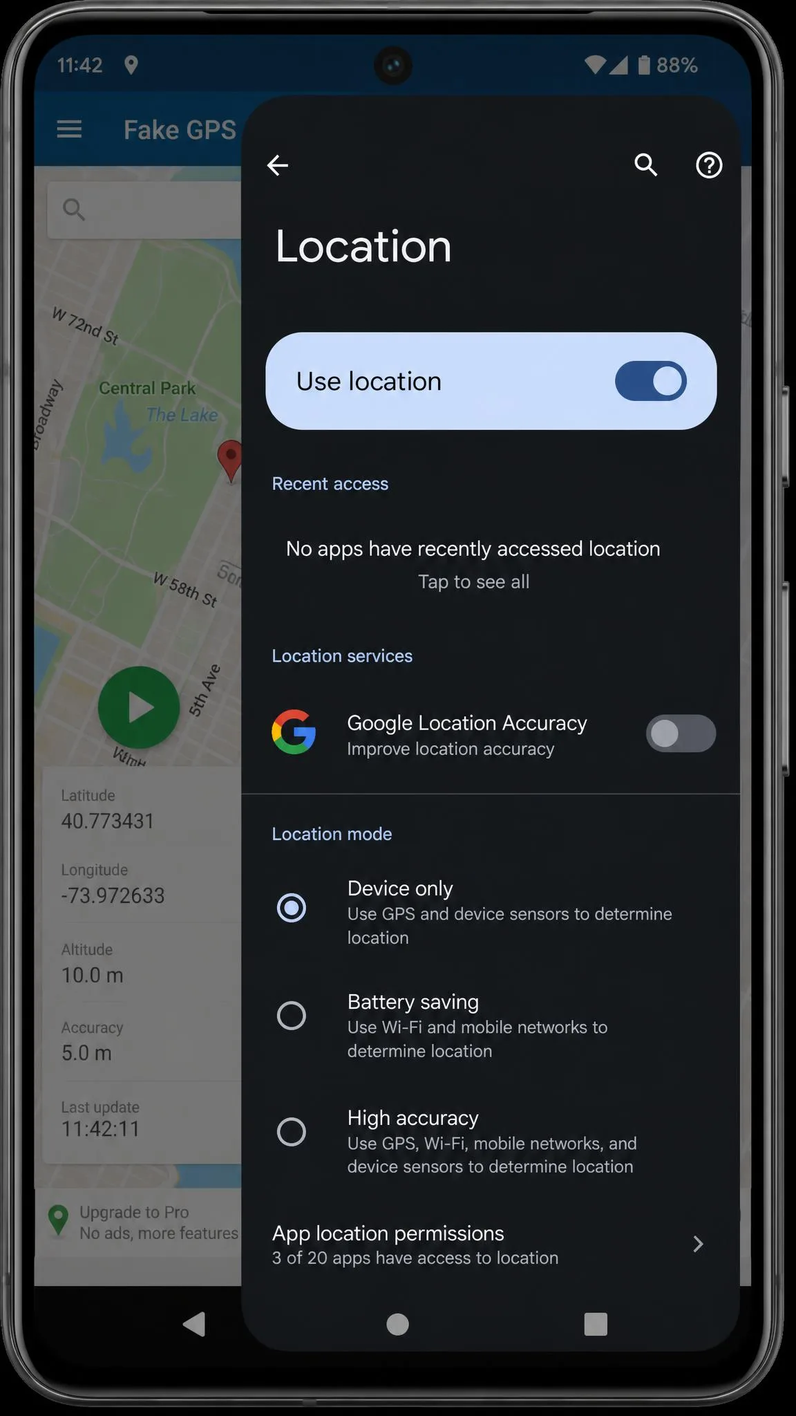 The Android Location settings screen with Google Location Accuracy switched off and location mode set to Device only, shown on a phone running a fake GPS app in the background.