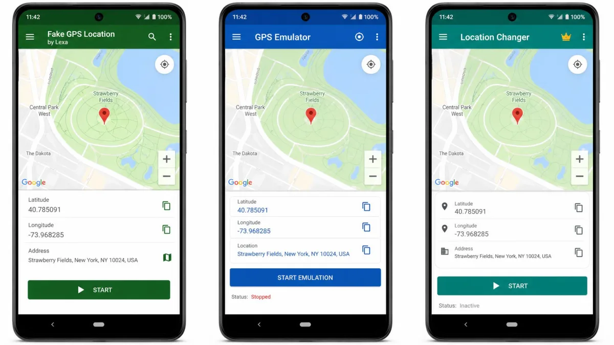 Three Android phone screens side by side showing Fake GPS Location by Lexa, GPS Emulator and Location Changer with the same fake coordinates set in each app.