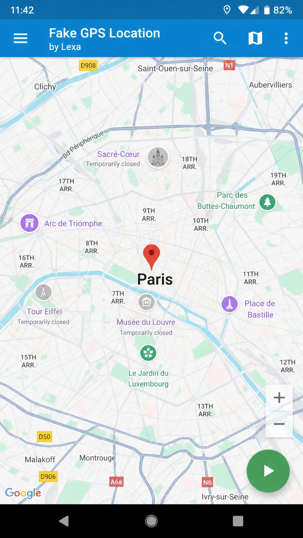 The Fake GPS Location by Lexa map screen with a pin dropped on central Paris and the green start button visible in the corner of an Android phone screen.