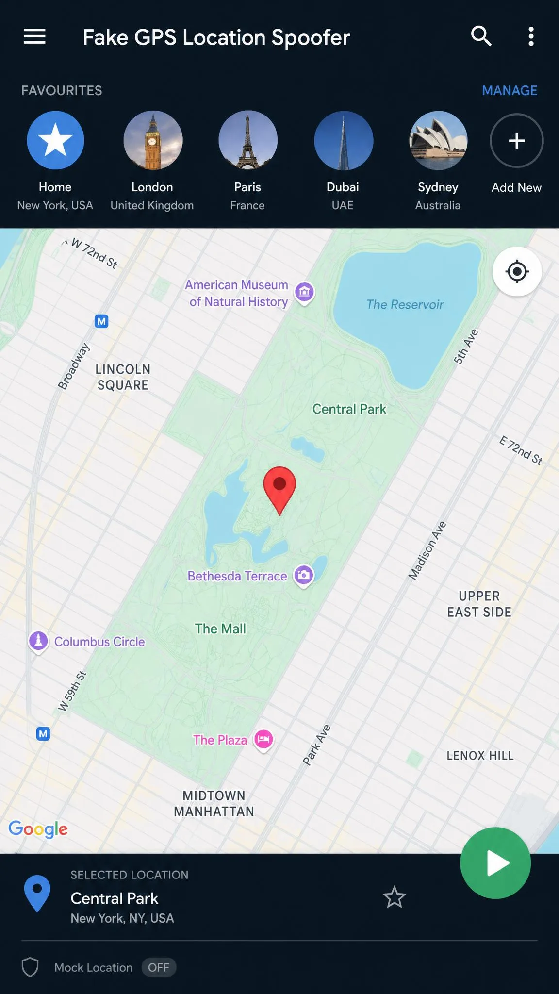 Fake GPS Location Spoofer showing a single map pin, the favourites bar along the top and the play button ready to start the fake fix.