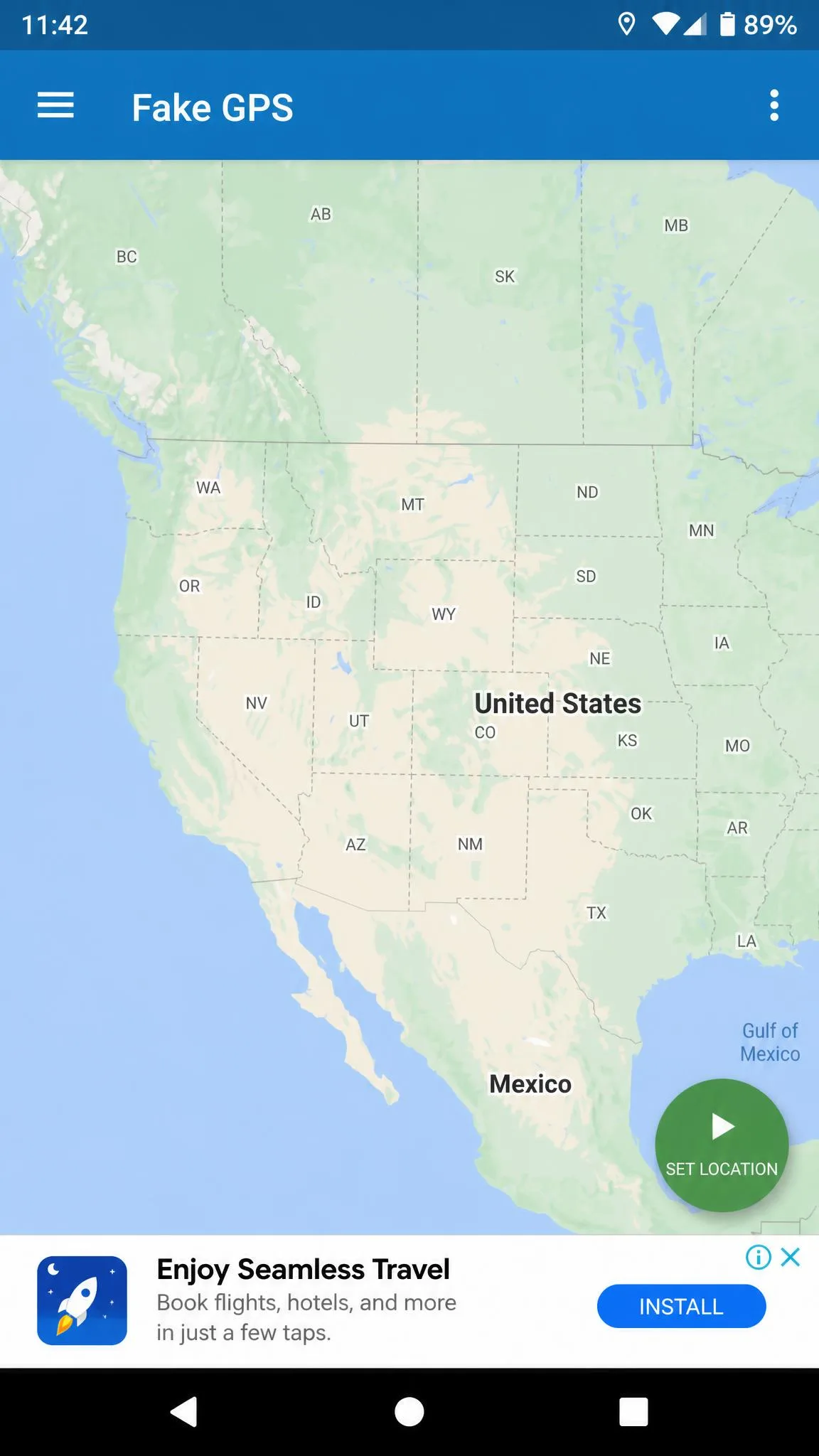 Fake GPS by New App Horizons running on a Android, showing its plain map interface with a single set location button and a banner ad at the bottom.