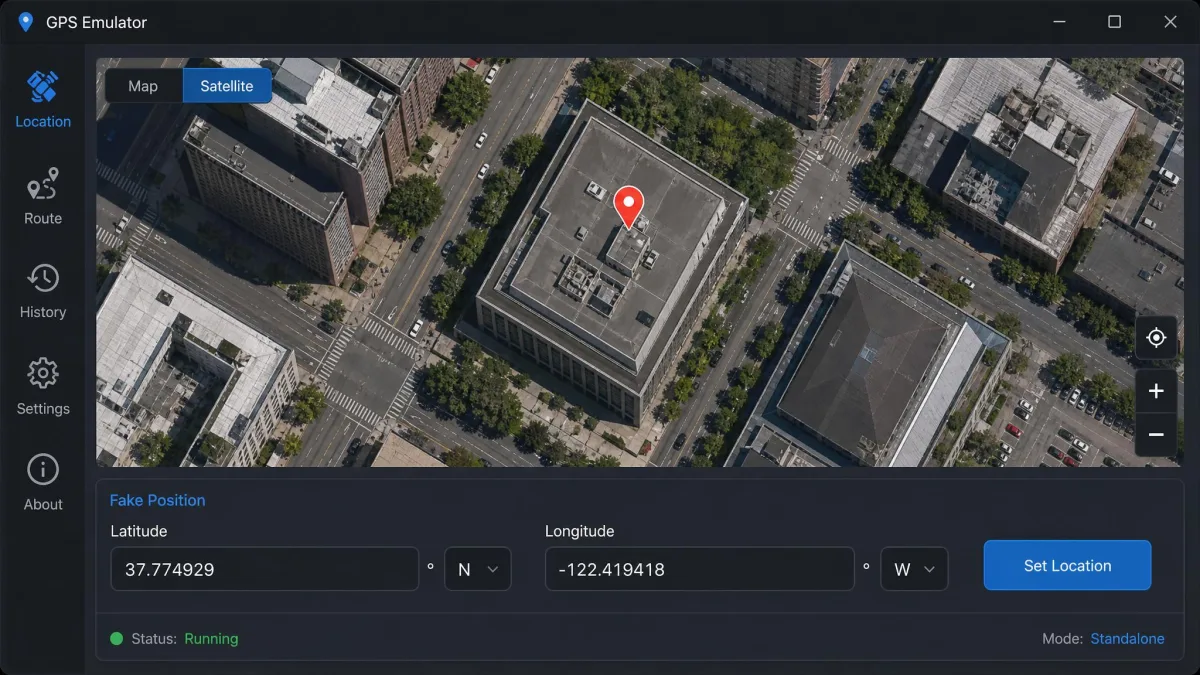 GPS Emulator showing its satellite map view with a fake position pin placed on a building rooftop and the latitude and longitude fields filled in below.