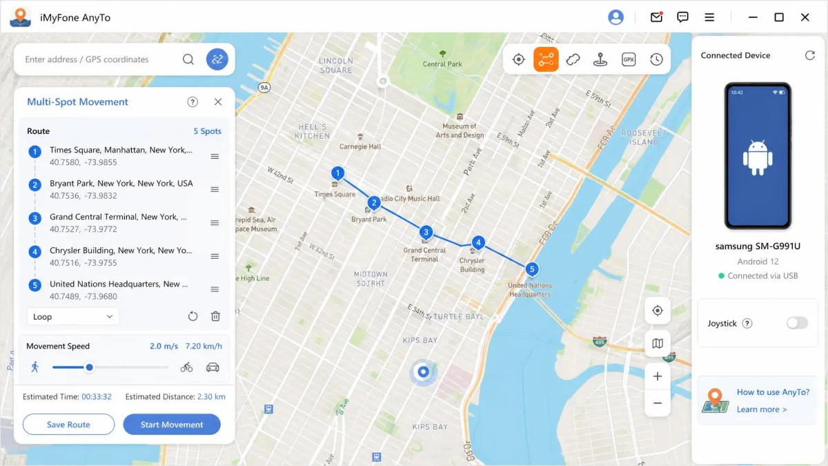 The iMyFone AnyTo desktop window with a multi-spot route plotted across a city map, the movement speed slider set to walking pace, and a tethered Android phone listed as the connected device.