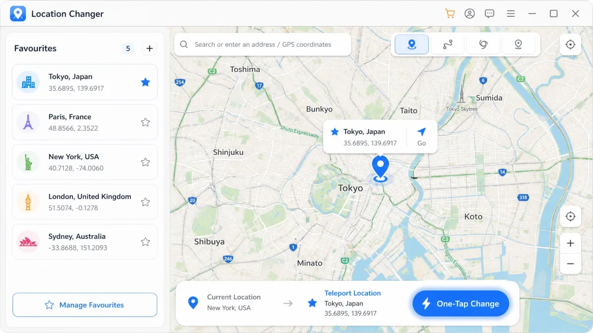 The Location Changer app showing a saved favourites list on the left and a map with a teleport pin set on Tokyo, with the one-tap change button highlighted.