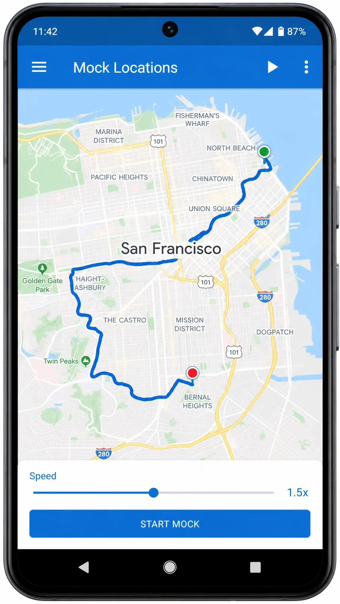 The Mock Locations app with a hand-drawn route traced across a city map and the speed slider set part way along, running on an Android phone.