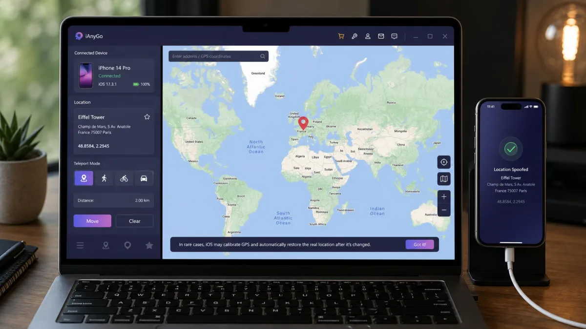 A desktop GPS location changer open on a laptop with an iPhone connected by cable, showing a world map with a dropped pin and a connected-device panel on the left.