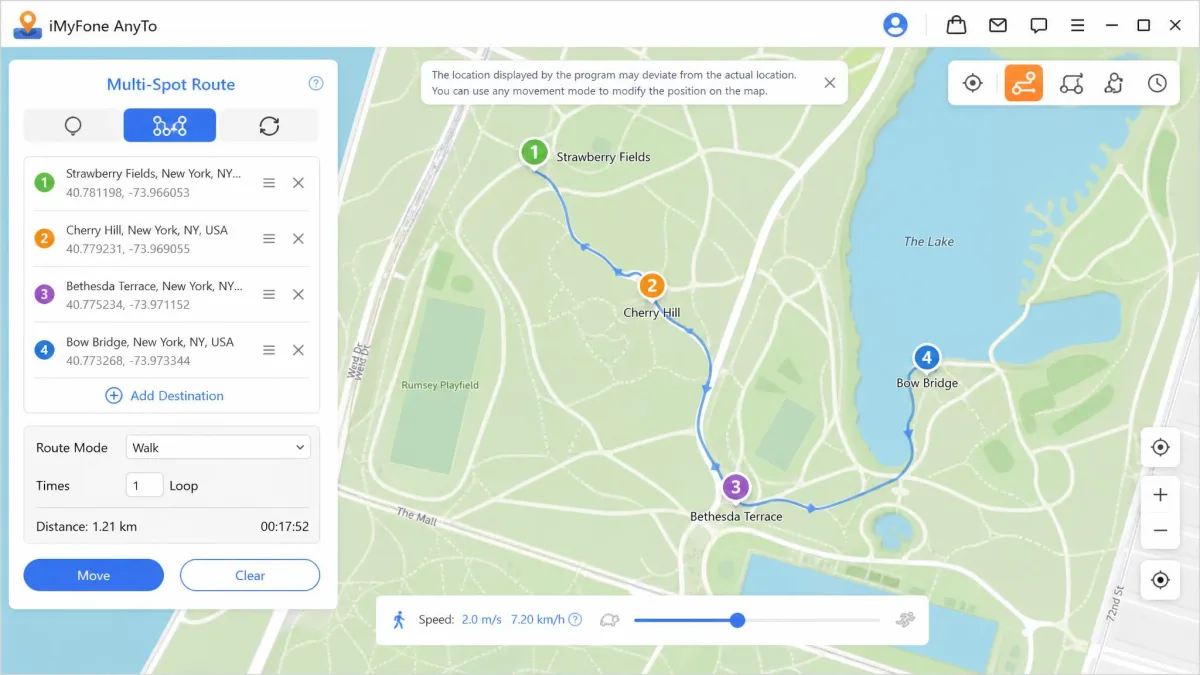 iMyFone AnyTo's multi-spot route mode with four numbered waypoints dropped along a park path and a speed slider set to walking pace at the bottom of the window.