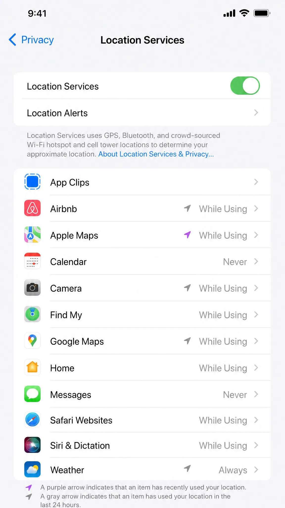 The Location Services screen in iOS Settings on an iPhone, showing the master toggle switched on and a list of apps with their individual location permissions beneath it.