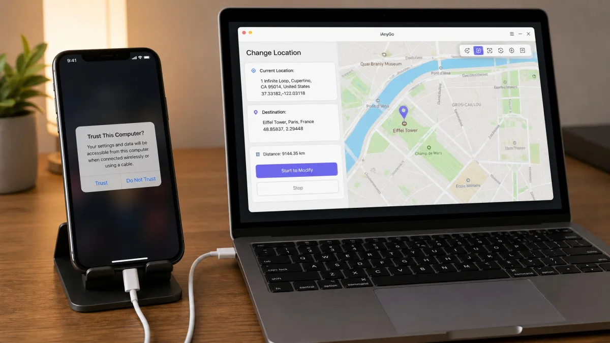 An iPhone displaying the Trust This Computer prompt with Trust and Do Not Trust buttons while connected by cable to a laptop running a location changer.