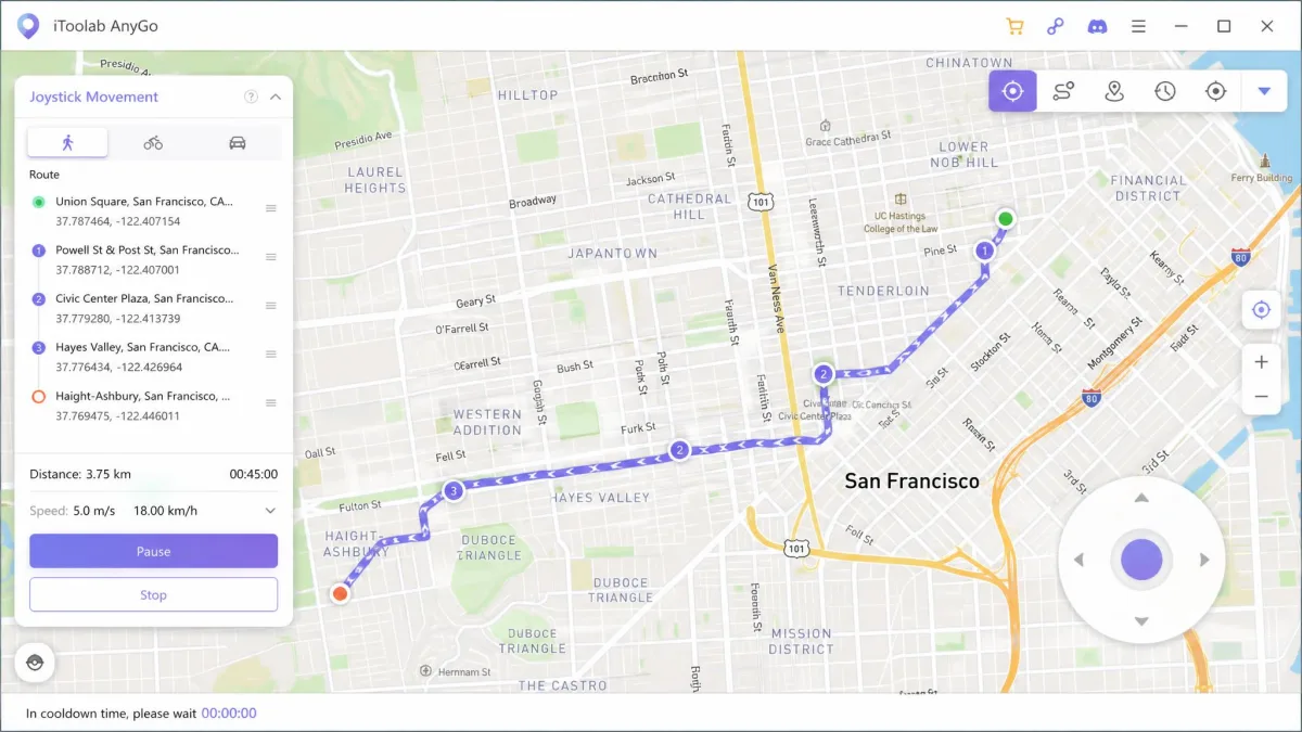 iToolab AnyGo's map screen with the on-screen joystick control in the lower right corner and a simulated walking route traced across a city street grid.
