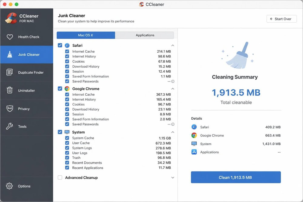 CCleaner for Mac interface on macOS showing the junk cleaner with browser caches and system files selected, and a total cleanable size shown on the right.