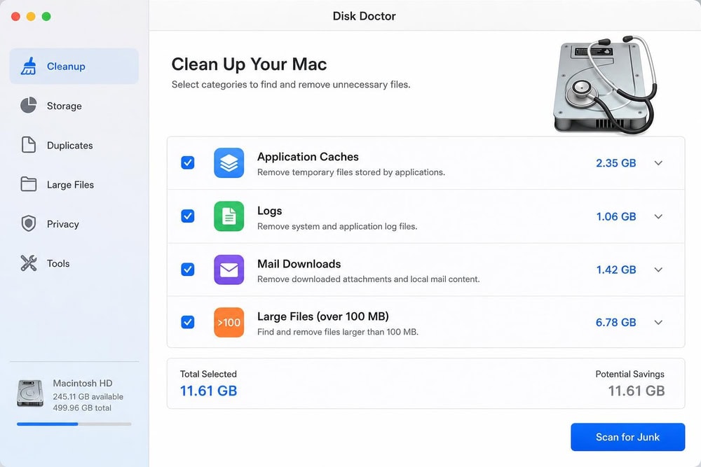 Disk Doctor on macOS showing cleanup categories including app caches, logs, mail downloads, and large files over 100MB with checkboxes for each.