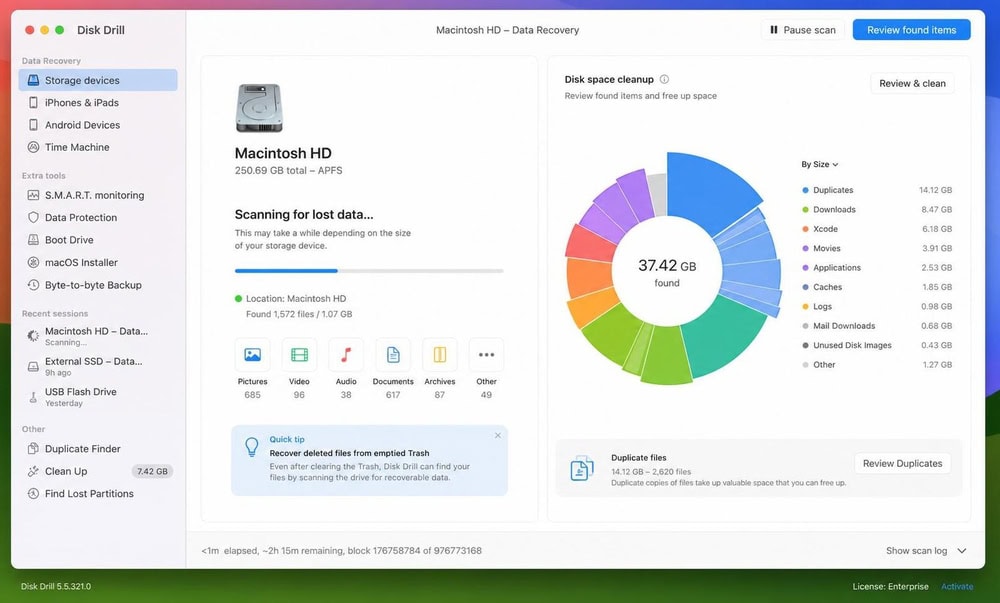 Disk Drill on macOS showing the disk space cleanup visualizer next to the data recovery scan, with duplicate finder and drive health tools in the sidebar.