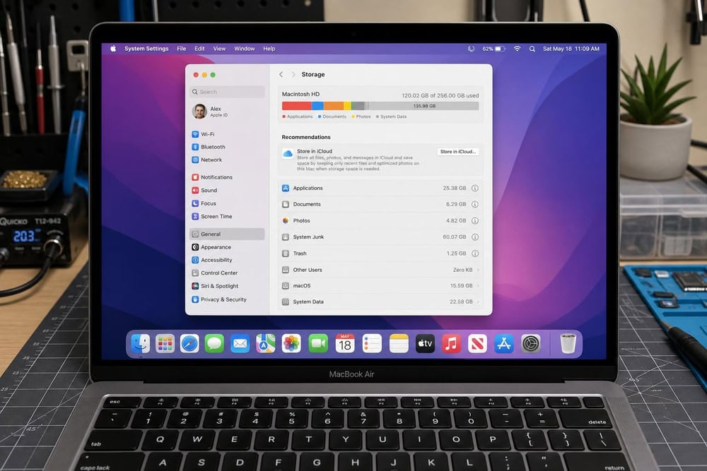 An M2 MacBook Air on a test bench showing macOS storage settings with roughly 60 GB of system junk and cache files before a cleanup run.