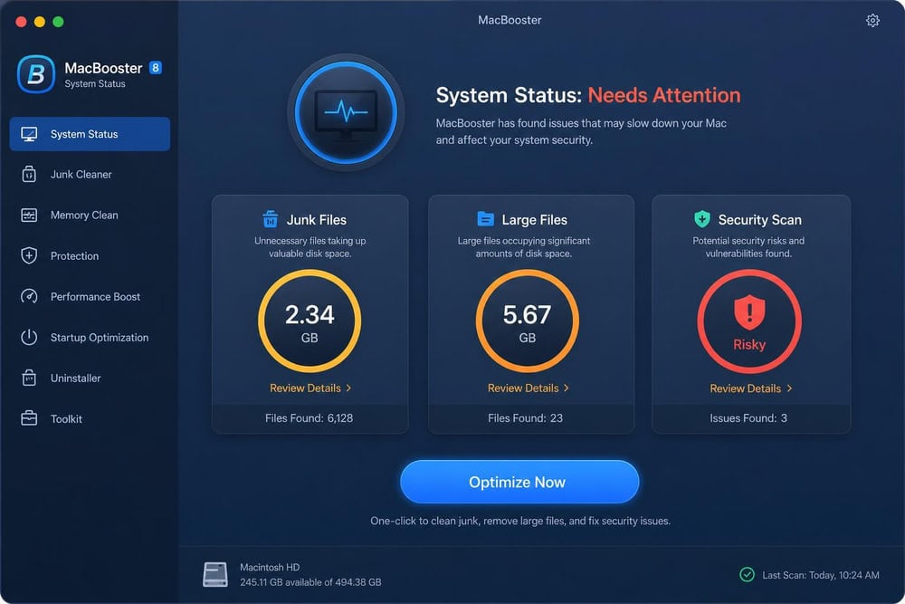 MacBooster system status dashboard on macOS showing junk files, large files, and security scan results with a single optimize button.