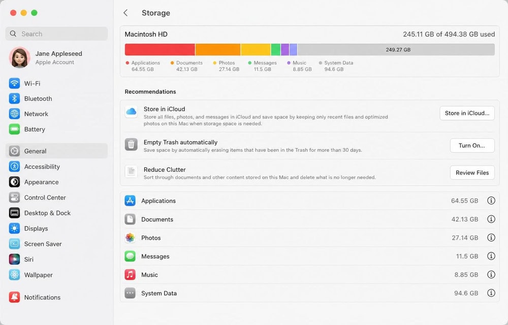 macOS System Settings storage management screen showing a category breakdown of system data, apps, and documents with built-in cleanup recommendations.