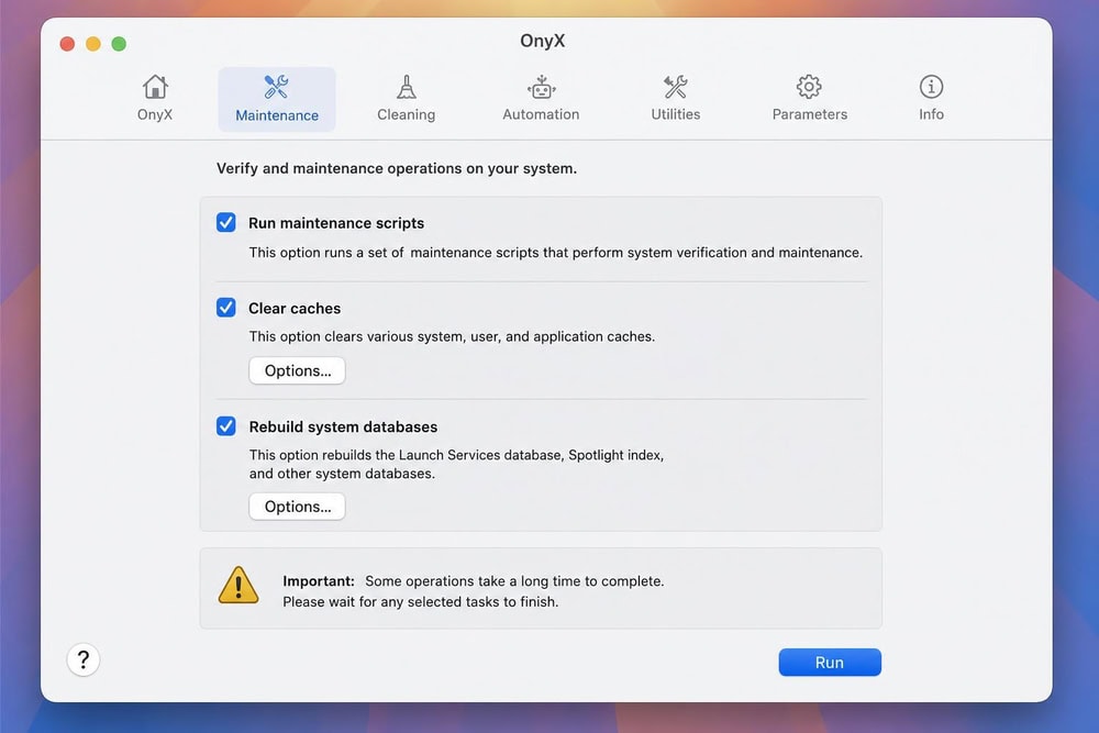 OnyX maintenance panel on macOS showing checkboxes for running cleaning scripts, clearing caches, and rebuilding system databases.