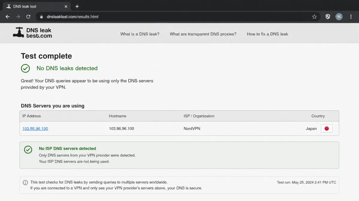 A browser DNS leak test result page while connected to a VPN, showing only the VPN provider server location and no ISP DNS servers exposed.